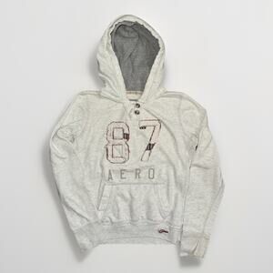 Women’s Aeropostale Hoodie Sweatshirt Gray 87 Logo Pullover Size Large 18x22